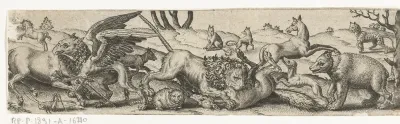Vechtende dieren in een landschap.