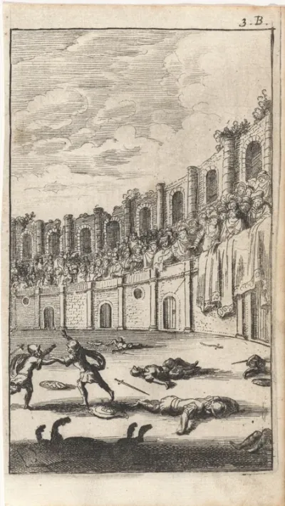 Vechtende gladiatoren in een arena
