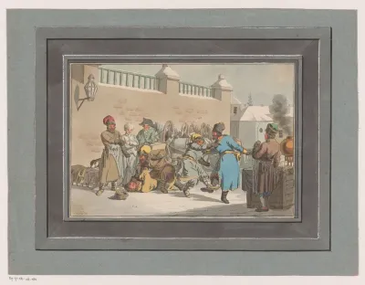 Vechtende mannen en toeschouwers
