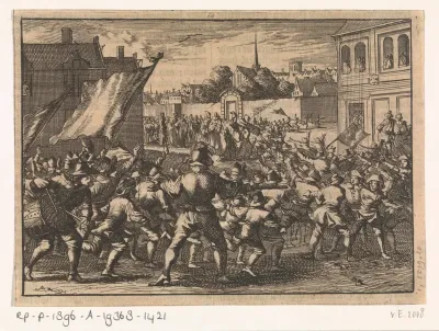 Vechtpartij van jongens te Chamb in de Paltz, voorstellende de graaf van Tilly en Gustaaf II Adolf, 1632