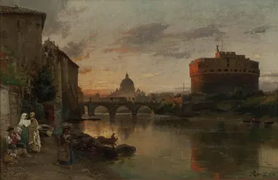Veduta di Roma - Abendstimmung am Tiber mit Engelsburg und im Hintergrund der Petersdom