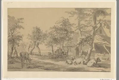 Vee onder bomen bij een boerderij