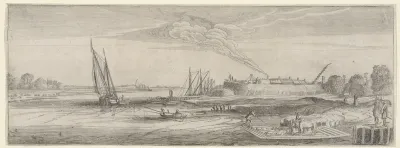 Veer bij een vesting in een rivierlandschap