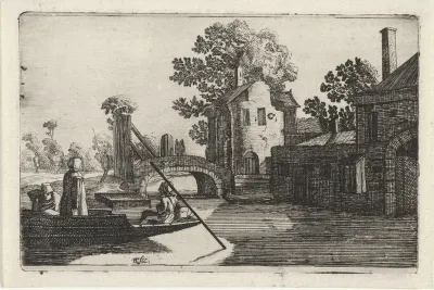 Veerboot bij een stadspoort