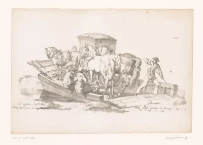 Veerpont met wagen, paarden en passagiers