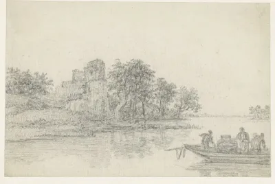Veerpont van een rivier; links een ruïne