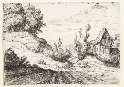 Vej gennem et bakket landskab, t.h. et hus