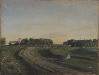 Vejby med kirken set fra nord. Aftenbelysning