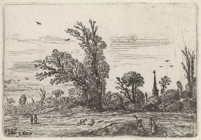 Veld met figuren, bomen en kerktoren