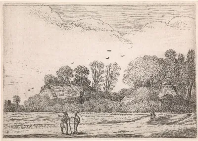 Veld met op de achtergrond twee boerderijen en bomen