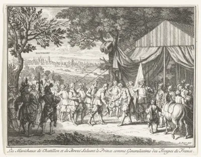 Veldmaarschalken de Chatellon en de Breze begroeten prins Frederik Hendrik, 1632