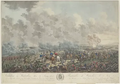 Veldslag bij Waterloo, den 18 Juny 1815. Op het Oogenblik, waarin zyne Koninklyke Hoogheyd. de Prins van Oranje, Gewond is / Bataille de Waterloo, le 18 Juin 1915 (...)