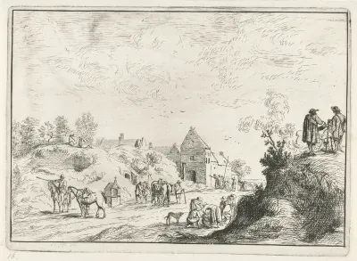 Vele figuren op een pad bij een dorp