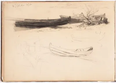 Veneitä rannalla, harjoitelmia. Todennäk. 1880-luvun jälkipuol. Ylin harj. merk. oik.alh. E.J.