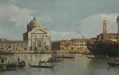 Venice, a view of the Churches of the Redentore and San Giacomo, with a moored Man-of-war, Gondolas and Barges