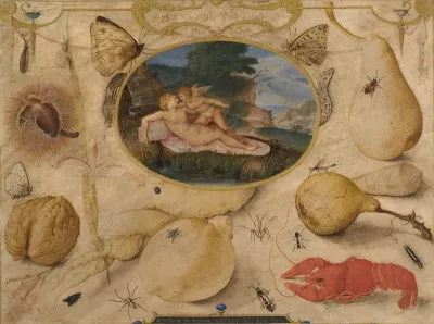 "Venus afvæbner Amor" i en medaillon omgivet af planter, frugter, insekter og skaldyr