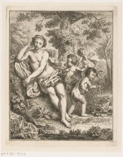 Venus, Amor en twee putti in een arcadisch landschap