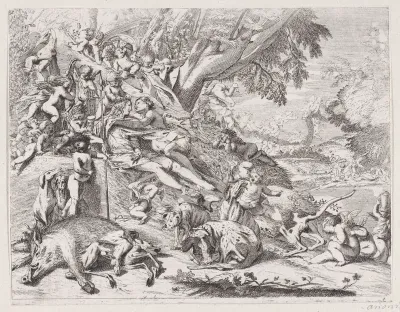Venus and Adonis embracing after the hunt