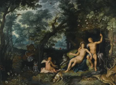Venus and Adonis resting in an extensive landscape, with Cupid and hunting dogs and their quarries