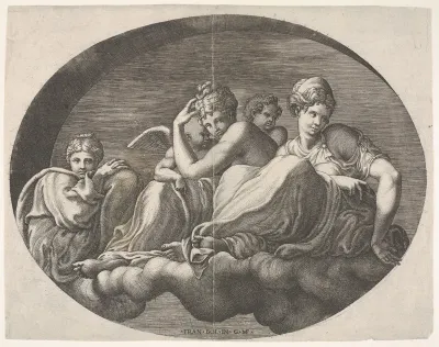 Venus and Cupid and two other goddesses seated on a cloud under an arch and accompanied by a putto, an oval composition, from a series of eight compositions after Francesco Primaticcio's designs for the ceiling of the Ulysses Gallery (destroyed 1738-