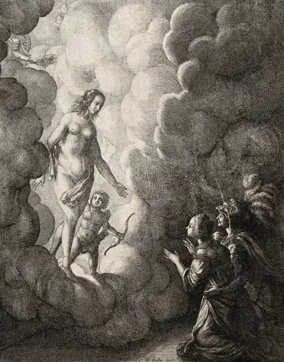 Venus and Cupid descend from the clouds towards a widow of Ephesus and a soldier who is in love with her