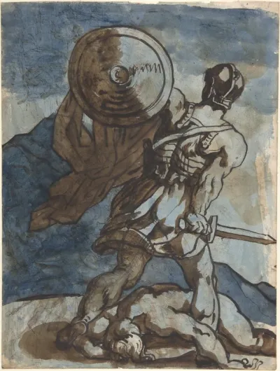 Venus and Cupid in a Landscape, after Annibale Carracci (recto); A Warrior Holding a Shield and Sword, Seen from the Back (verso)