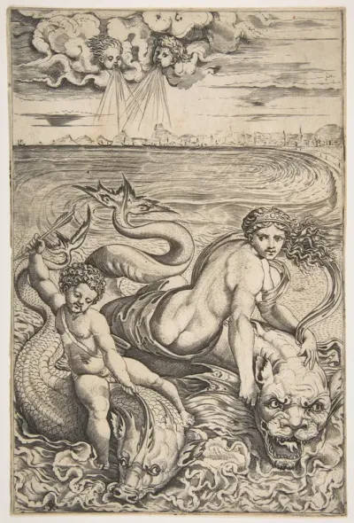 Venus and Cupid riding two sea creatures, Cupid raising an arrow with his right hand and two heads representing wind in the clouds above