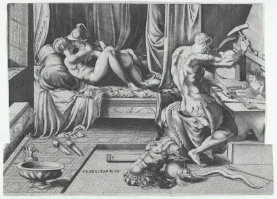 Venus and Mars Embracing as Vulcan Works at His Forge