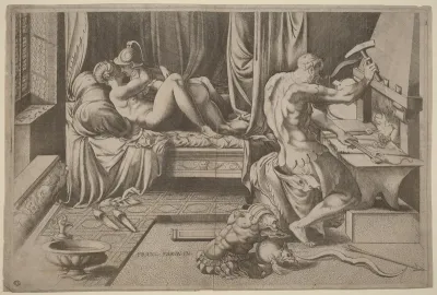 Venus and Mars Embracing with Vulcan at his Forge