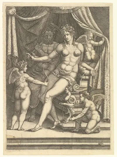 Venus and Vulcan Seated on a Bed and Three Putti