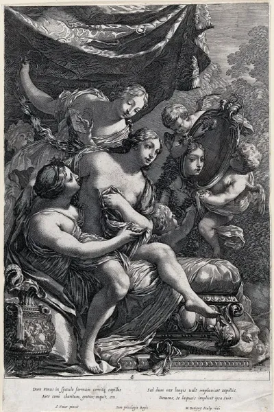 Venus at her toilet, assisted by the three Graces; she sits on the lap of one of them, another combs her hair, and two cupids hold a mirror in which she admires her own beauty