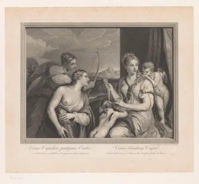 Venus doet een blinddoek om bij Cupido