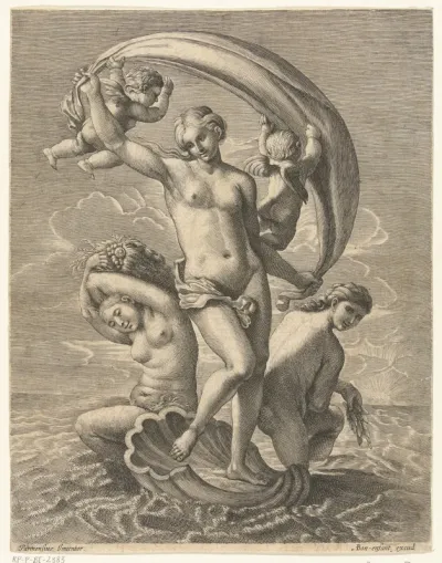 Venus door de wind meegevoerd op haar schelp op zee
