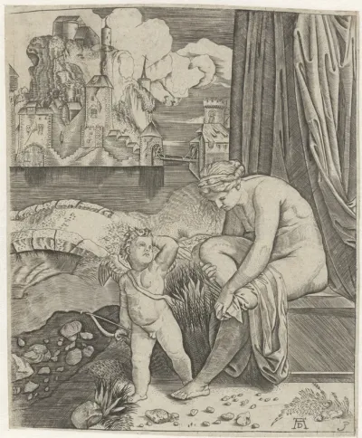 Venus droogt zich af na bad en Amor met pijl en boog in landschap