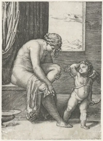 Venus droogt zich af na bad en Amor met pijl en boog