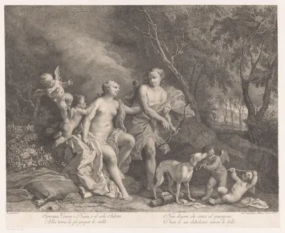 Venus en Adonis als geliefden met vier putti