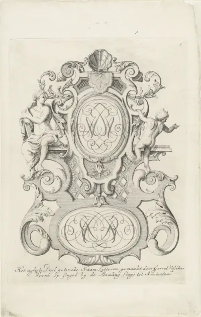 Venus en Amor flankeren een monogram