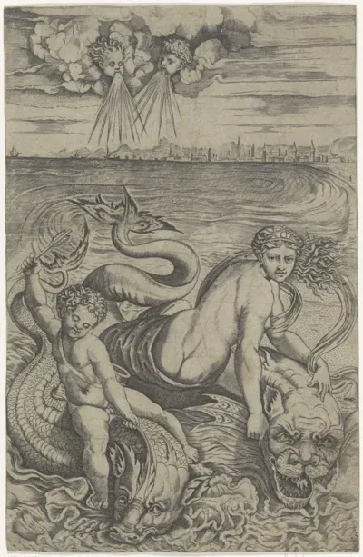Venus en Amor gedragen door dolfijnen