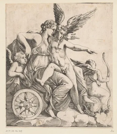 Venus en Amor in een triomfwagen, omringd door putti