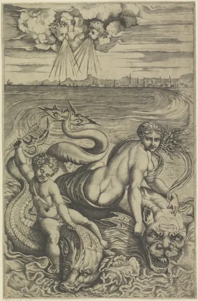 Venus en Amor op dolfijnen