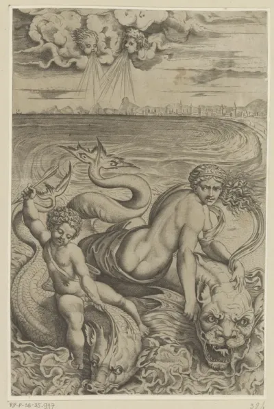 Venus en Amor op dolfijnen