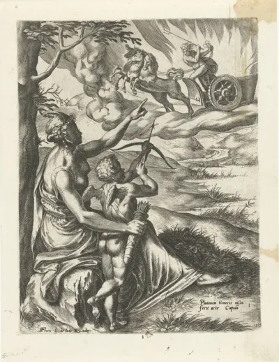 Venus geeft Amor orders om Pluto's hart te doorboren met een pijl