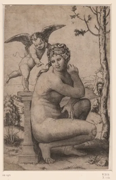Venus hurkend bij zuil waarop Amor staat