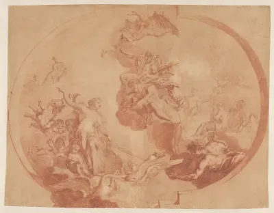 Venus in haar door zwanen getrokken wagen bezoekt Jupiter, daarboven Ganymedes en rechts Juno en Mars