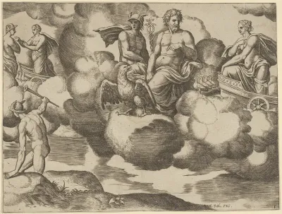 Venus in her dove-drawn chariot complaining to Jupiter who is accompanied by Mercury, from 'The Fable of Psyche'
