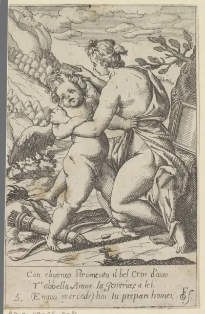 Venus kamt haar van Amor