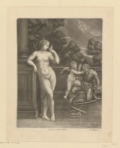 Venus kijkt naar Amor, die Pan overwint