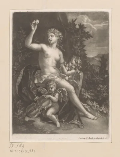 Venus met een appel en twee cupido's met viool en duiven