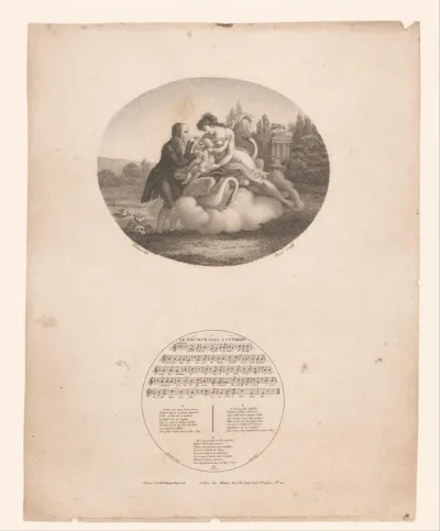 Venus met zwanen en Cupido op een wolk, een man ernaast onderzoekt het kind