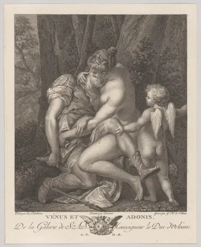 Venus mourning Adonis, seated beneath a tree and embracing him, with Cupid at right